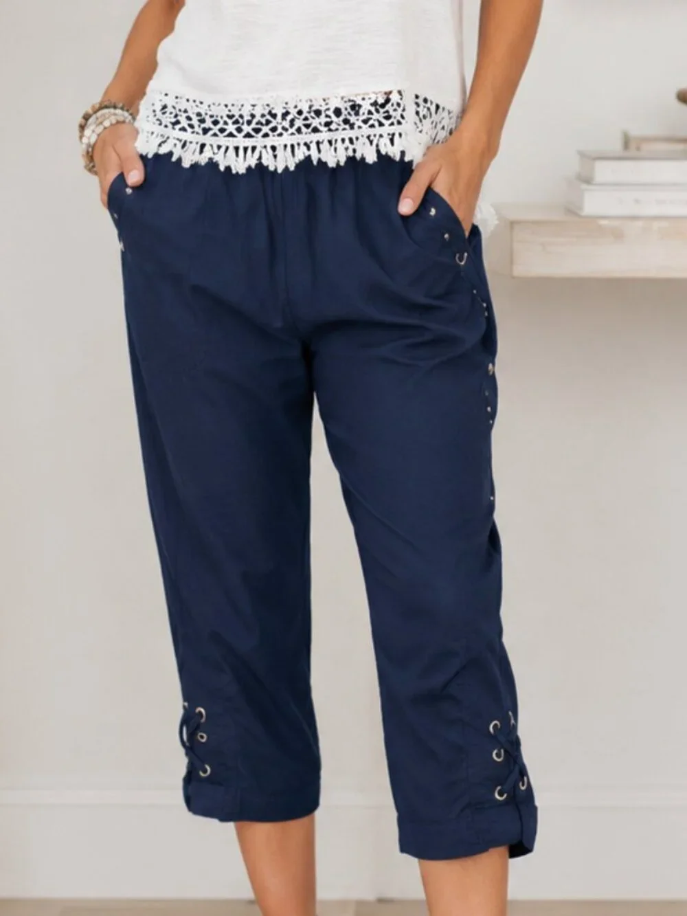Navy Blue Capri Pants Pull-On Elastic Waist Relaxed Fit Large